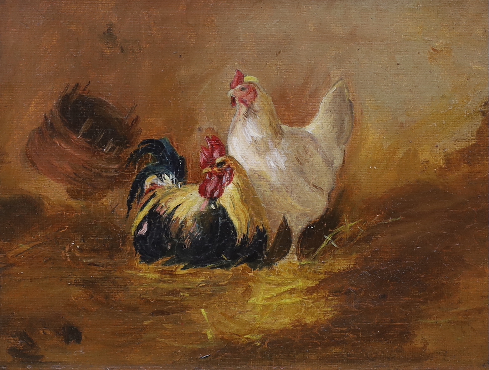 English School, early 20th century, a pair of oils on board, hens, 15 x 20.5cm